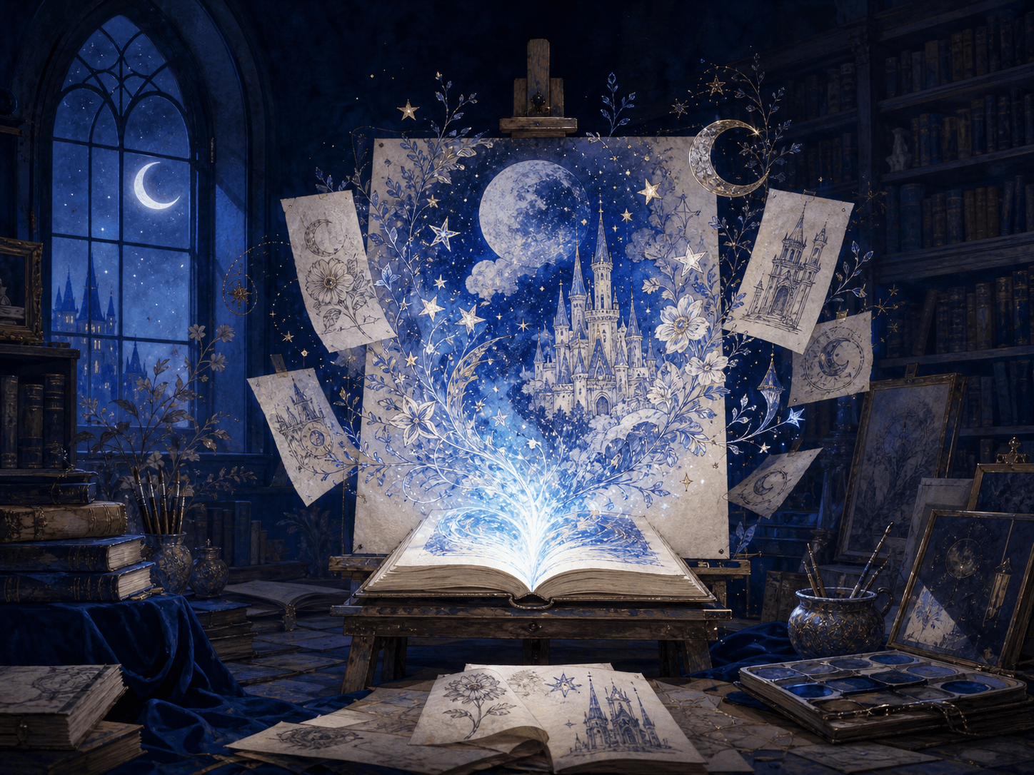 Atelier de arte mágico donde un libro proyecta un castillo sobre un lienzo