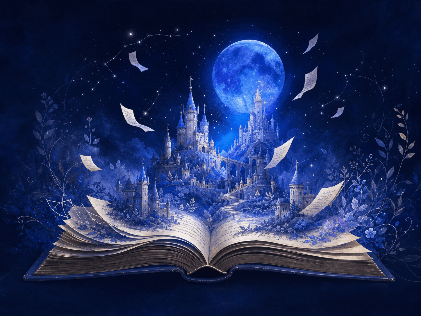 Reino de torres azules que emerge de un libro abierto bajo la luna