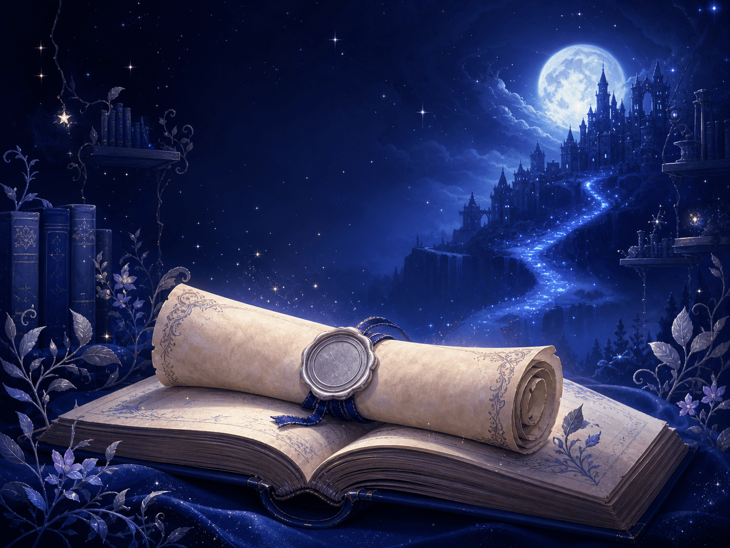 Pergamino sellado sobre un libro abierto frente a un castillo nocturno