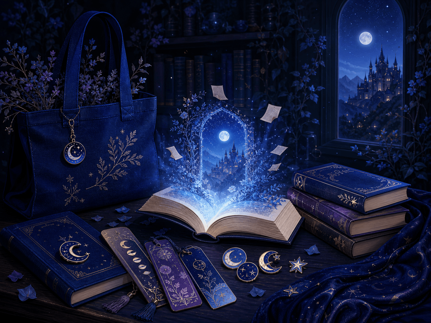 Tote azul, marcapáginas y pins alrededor de un portal de libro